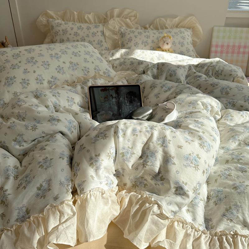 Cotton Double-Layer Yarn 4Pcs Set, Small Lotus Leaf Edge, Fresh Pure Cotton Gauze Quilt Cover, Bed Sheet
