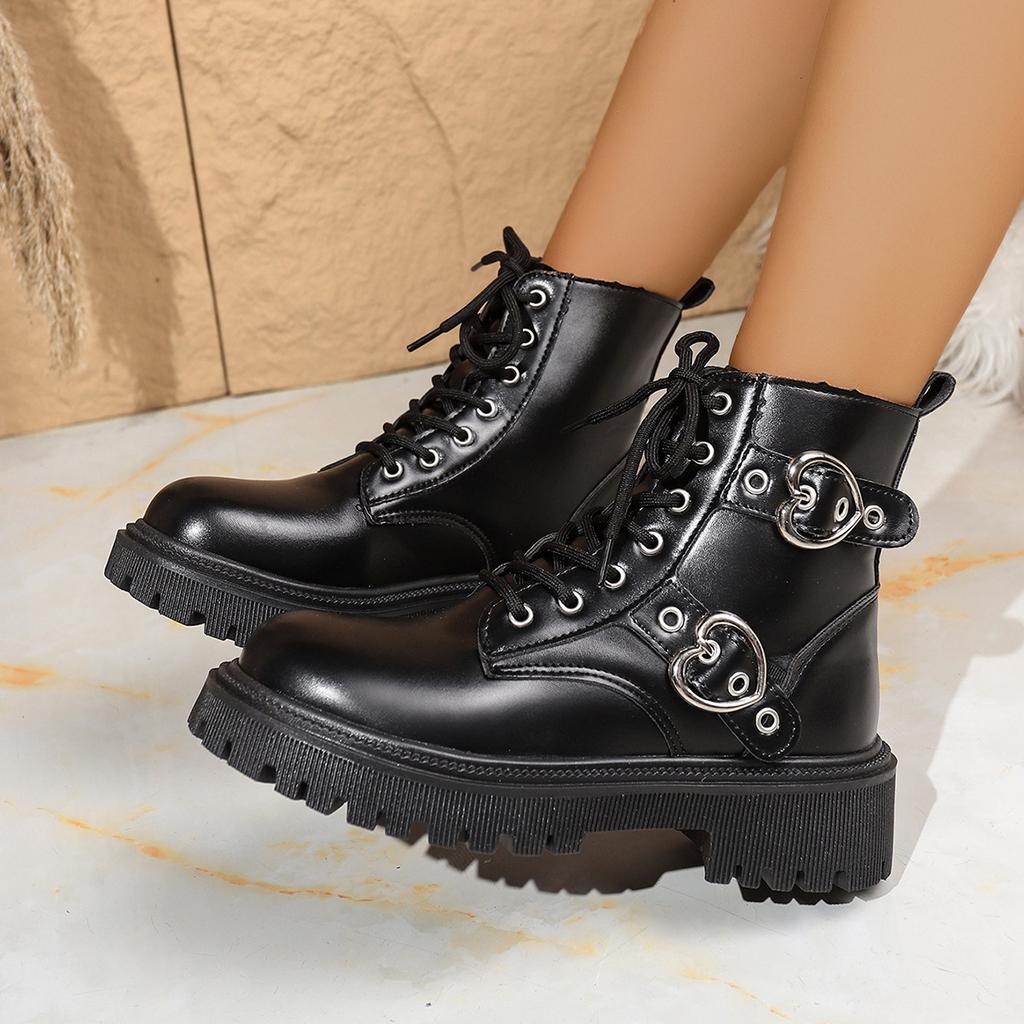 2026 Höst och Vinter Nya Rund Tå Tjock Klack Brittisk Stil Snygga Metallspänne Snörning Stövlar för Kvinnor