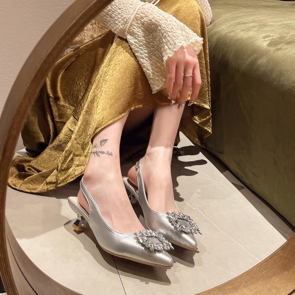 2024 New Women's Shoes Pointed Toe Shallow Nude Pink Diamond Shoes Solid Slingbacks Fashion Women Dress Shoes Party Sandals