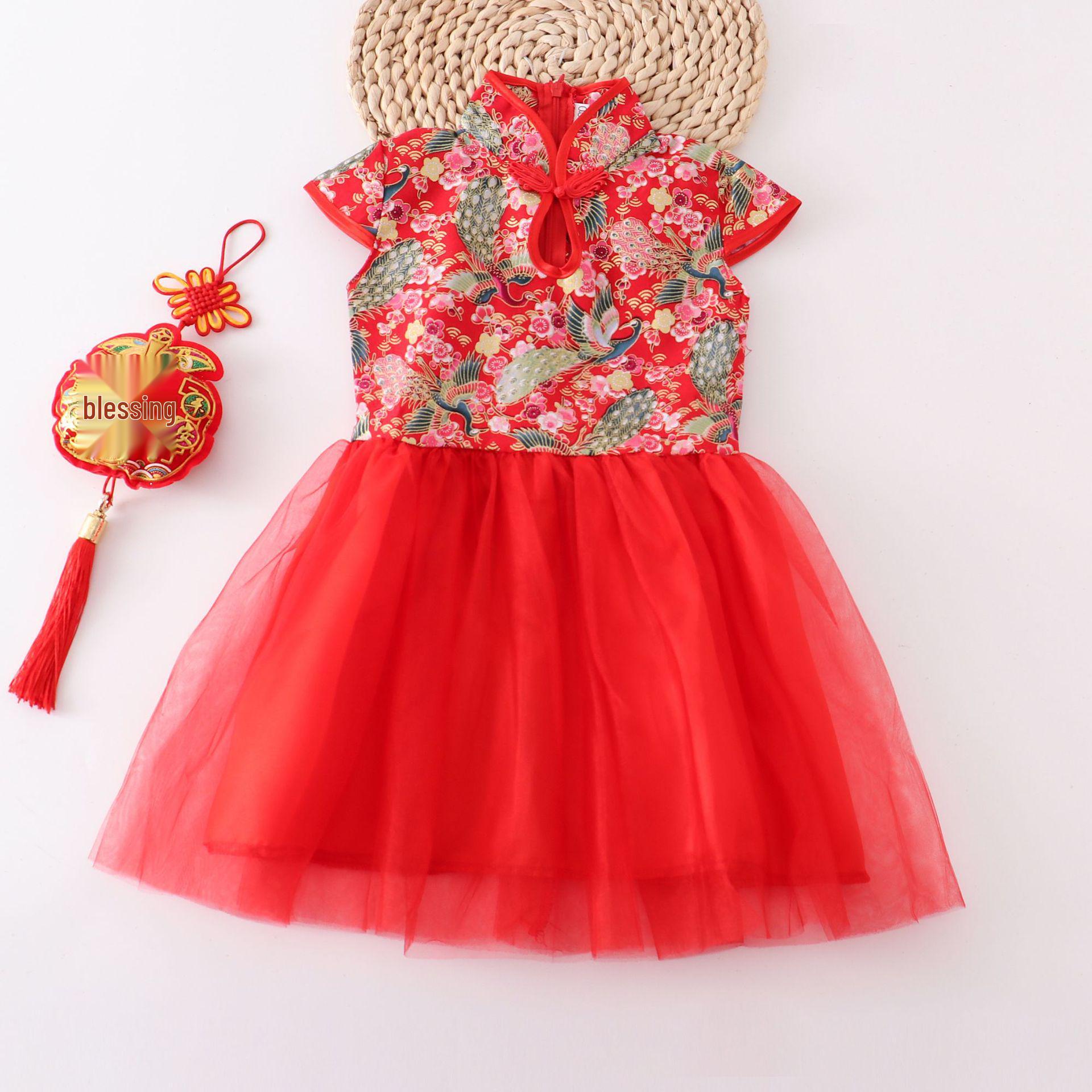 

Дитяче транскордонне плаття-ципао: Осінній китайський стиль Принцеса Тюлевий спідниця для дітей середнього та великого розміру 80cm (recommended height ~65cm)