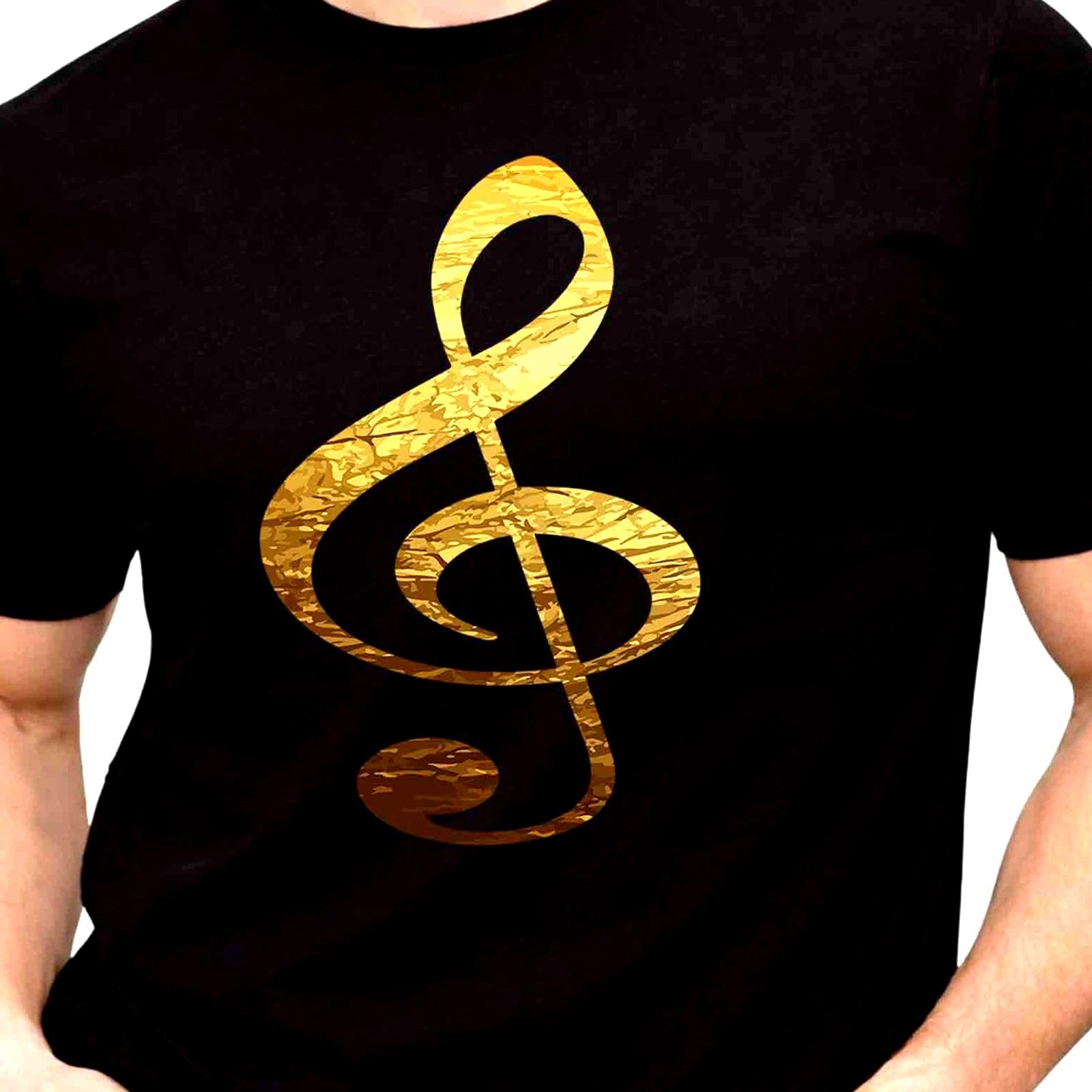 Music Treble Clef Gold Graphic T-Shirt Music Note Musician Gift Tee Music Lover XS