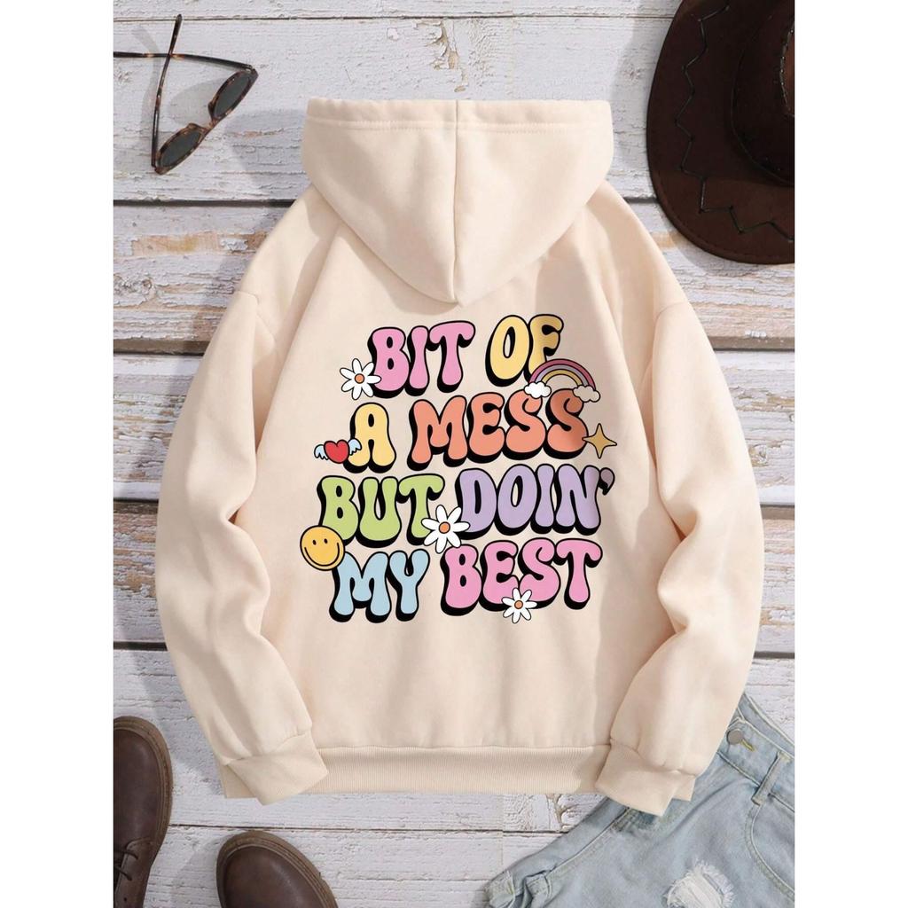 Bit Of A Mess But Doin My Best Letter Print Hoodie Women Fashion Comfortable Hoody Street Soft Sweatshirt Warm Tracksuit