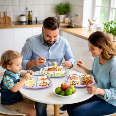 Plato para Niños Pequeños de Acero Inoxidable con Base de Succión, Bol para Bebé de 3 Compartimentos, Agarre de Silicona Antideslizante, Plato de Metal Irrompible para Niños