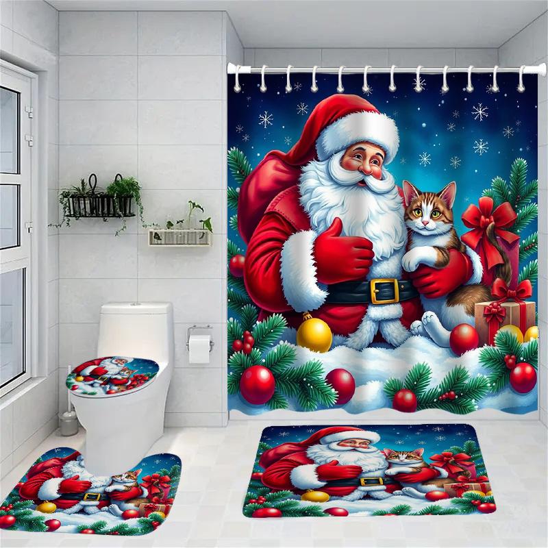 Christmas Santa Claus Pattern Shower Curtain Bath Sets Waterproof Non-Slip Bathroom Rug Toilet U  With 12 Hooks Home Deco