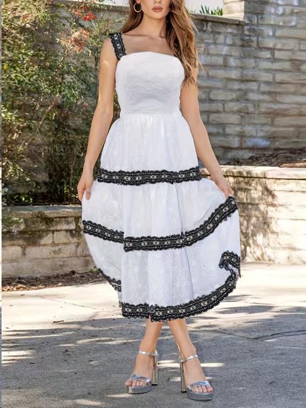 

Dual-Tone Plus Size Patchwork Camisole Maxi Dress with Stretchy Ripple Waist XXXXL чорний/білий