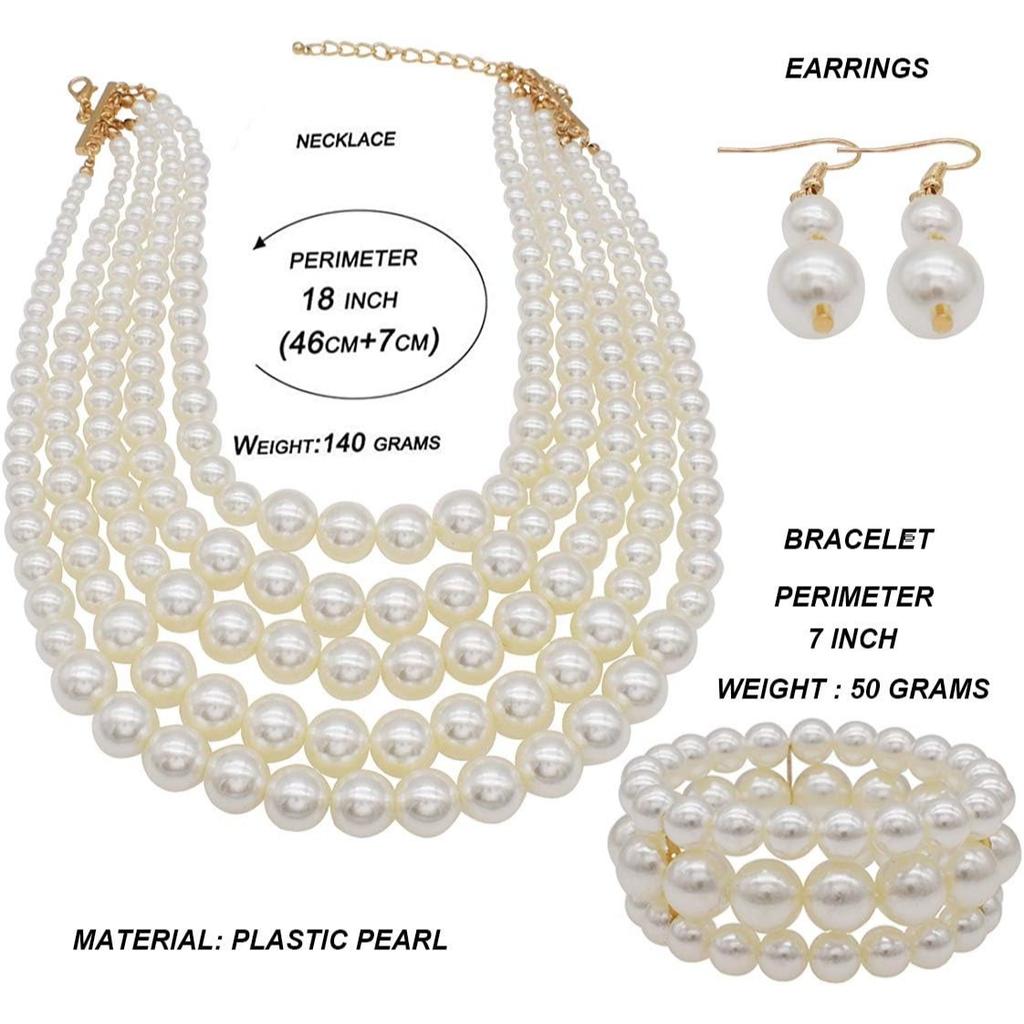 Perlen-Halskette für Damen Mehrsträngiges Armband und Ohrringe Set Kostümschmuck Zubehör
