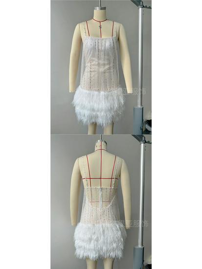 Rochie de Petrecere Sexy Europeană & Americană Fără Spate cu Plasă cu Paiete și Franjuri și Bretele Subțiri