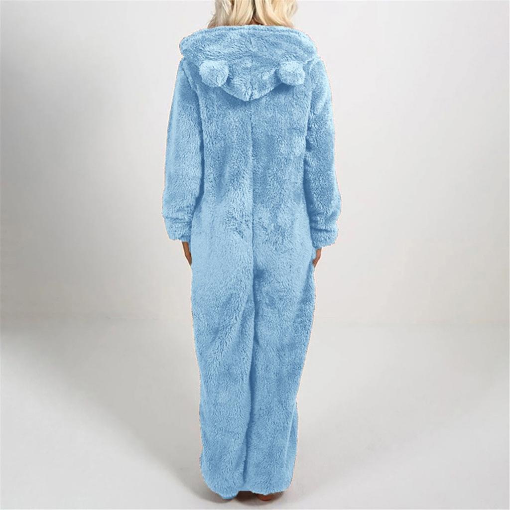 Damen Langarm-Overall mit Kapuze, Pyjama, lässiger Winter-warmer Strampler, Nachtwäsche