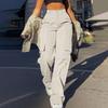 Streetwear Basic Buckle Cargo מכנסי נשים מכנסיים מוצקים רגל ישרה כיסים גדולים מכנסי טרנינג שיק