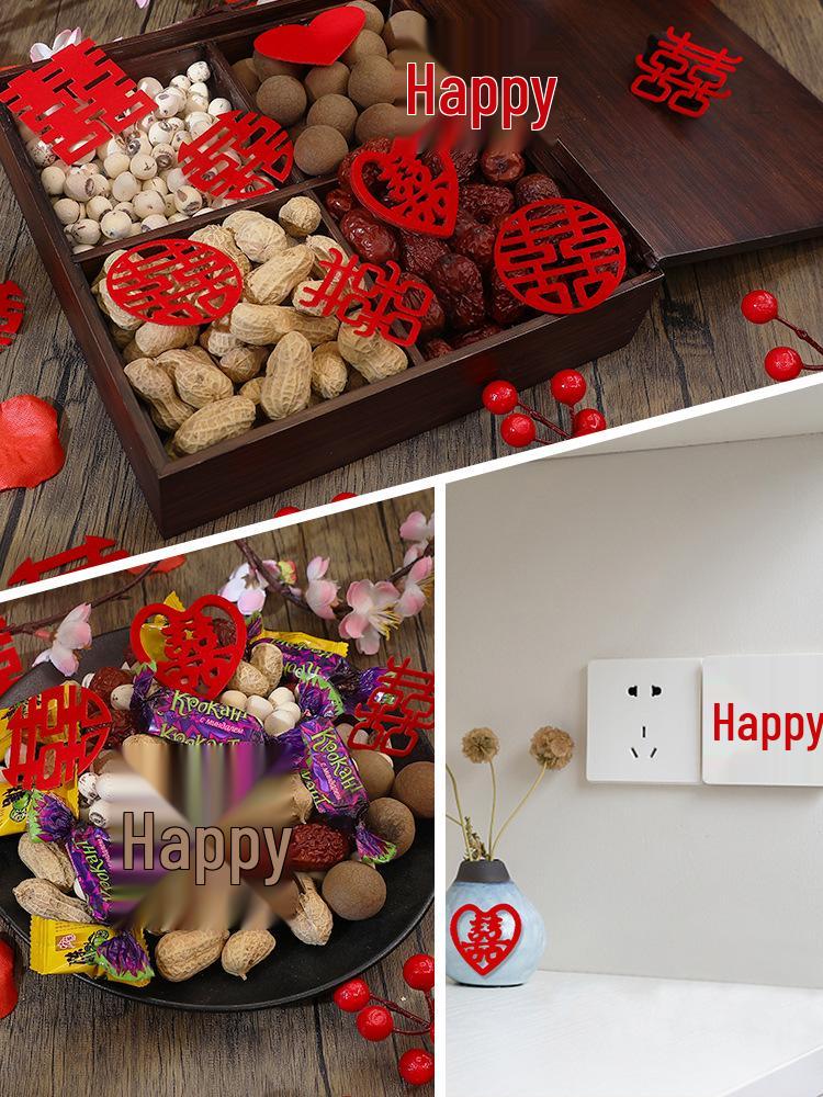 Decoração de Quarto de Casamento Dupla Felicidade: Adesivos e Arranjos Jogados à Mão para Preparação da Cerimônia