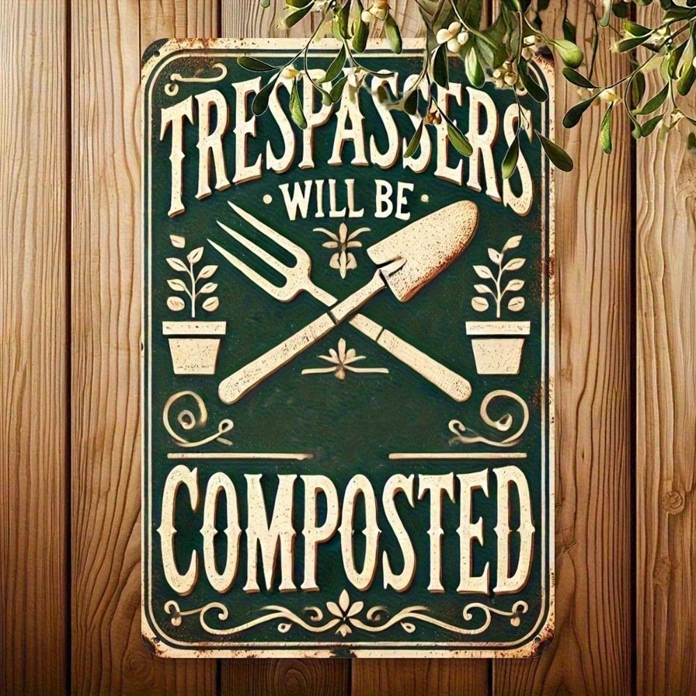 

Vintage Metal Sign Trespassers Will Be Composted 8x12 Inch Rustic Wall Decor Fork Shovel Design Humorous Warning Plaque різнокольоровий