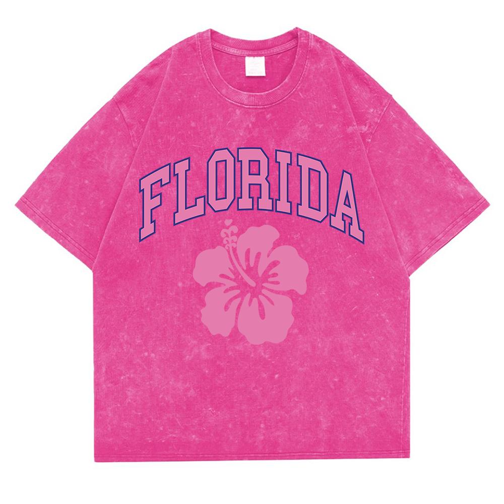 Florida Letter Simple Pattern Washed Retro Snow T Shirts Men Oversized Clothes Cotton Tops Casual Tee Loose Short Sleeve