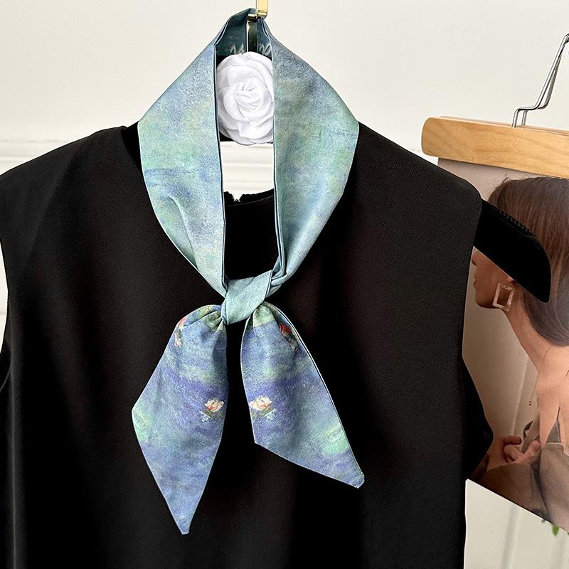 Blue silk scarf, long strip, new fashion, oil painting style, bow, headband, braided hair, tied bag, streamer, multi-purpose waist silk scarf.