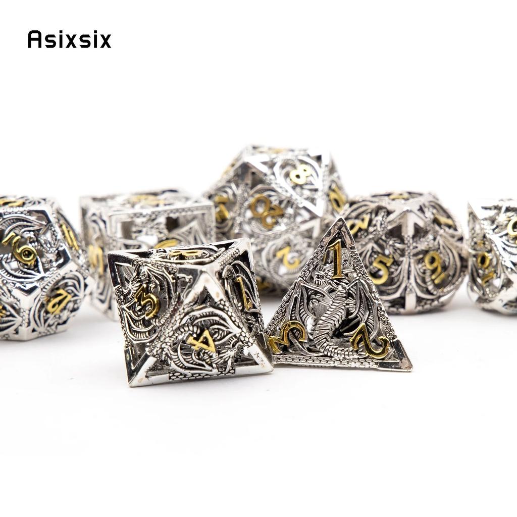 7 sztuk srebrnych złotych metalowych kostek smoka, pustych metalowych wielościennych kości, zestaw odpowiedni do gier RPG, gier karcianych, gier planszowych