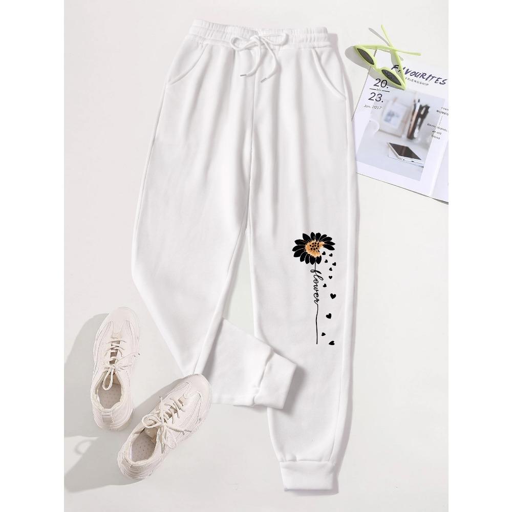 Creative Love Flower Print Women Elastic Waist Pants Jogger Fleece Drawstring Long Pant Fashion Sports Sweatpants