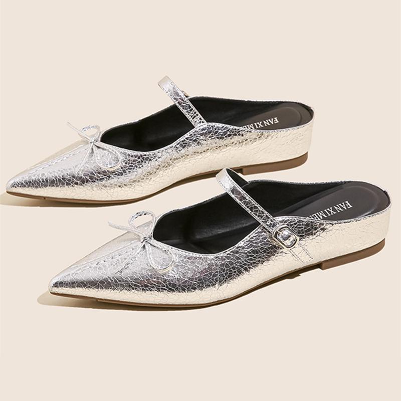 

Fashion Fashion Pointed Toe Bow Flat Sandals Women High Quality Patent Leather Low Heel Slippers Summer Elegant Dress Zapatos De Mujer 35 серебряный