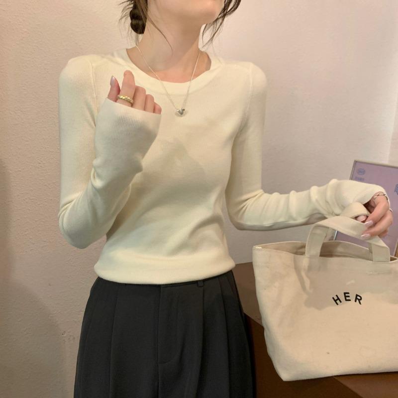 Temperament crew neck knitted top women's spring slim-fitting and thin inner sweater simple long-sleeved bottoming shirt