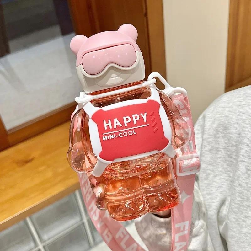 800ml Sports Water Bottle With Straw Unglasses Bear Large Capacity Plastic Water Cup For Travel Portable Backpack Kettle