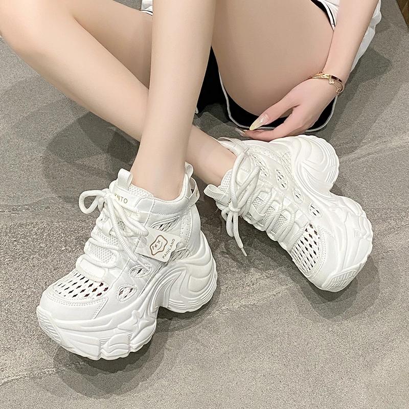 Fashion 10CM Chunky Leather Sneakers Summer Lace-up Casual Vulcanized Shoes Woman High Platform Breathable Hollow Mesh Sport Dad Shoes