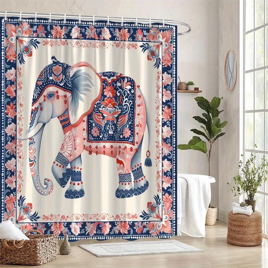 

1Pc Modern Indian Folk Art Shower Curtain - Elephant Illustration With Red/Blue Floral Paisley & Turban Design, Cream Background W60H190(CM)-1 Pcs