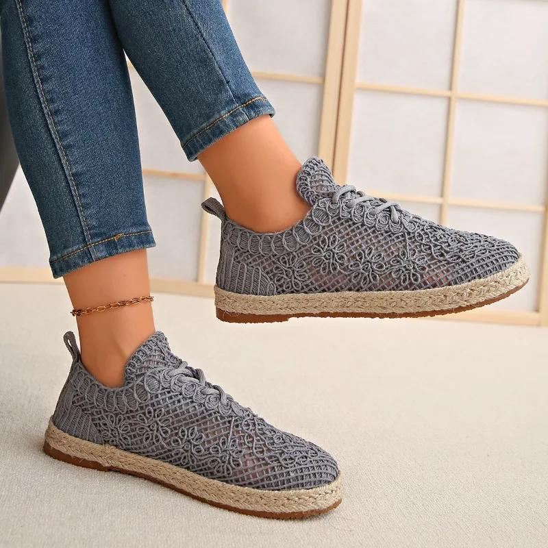 Fashion Single Shoes Autumn New Round Toe Mesh Breathable Front Lace-Up Soft Sole Non-Slip Flats