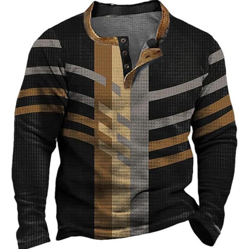 Unregelmäßiges Herren-T-Shirt mit 3 Knöpfen und Digitaldruckmuster, bequeme Polyesterfaser für Frühjahrs- und Herbstbekleidung, tägliche Outdoor-Bekleidung