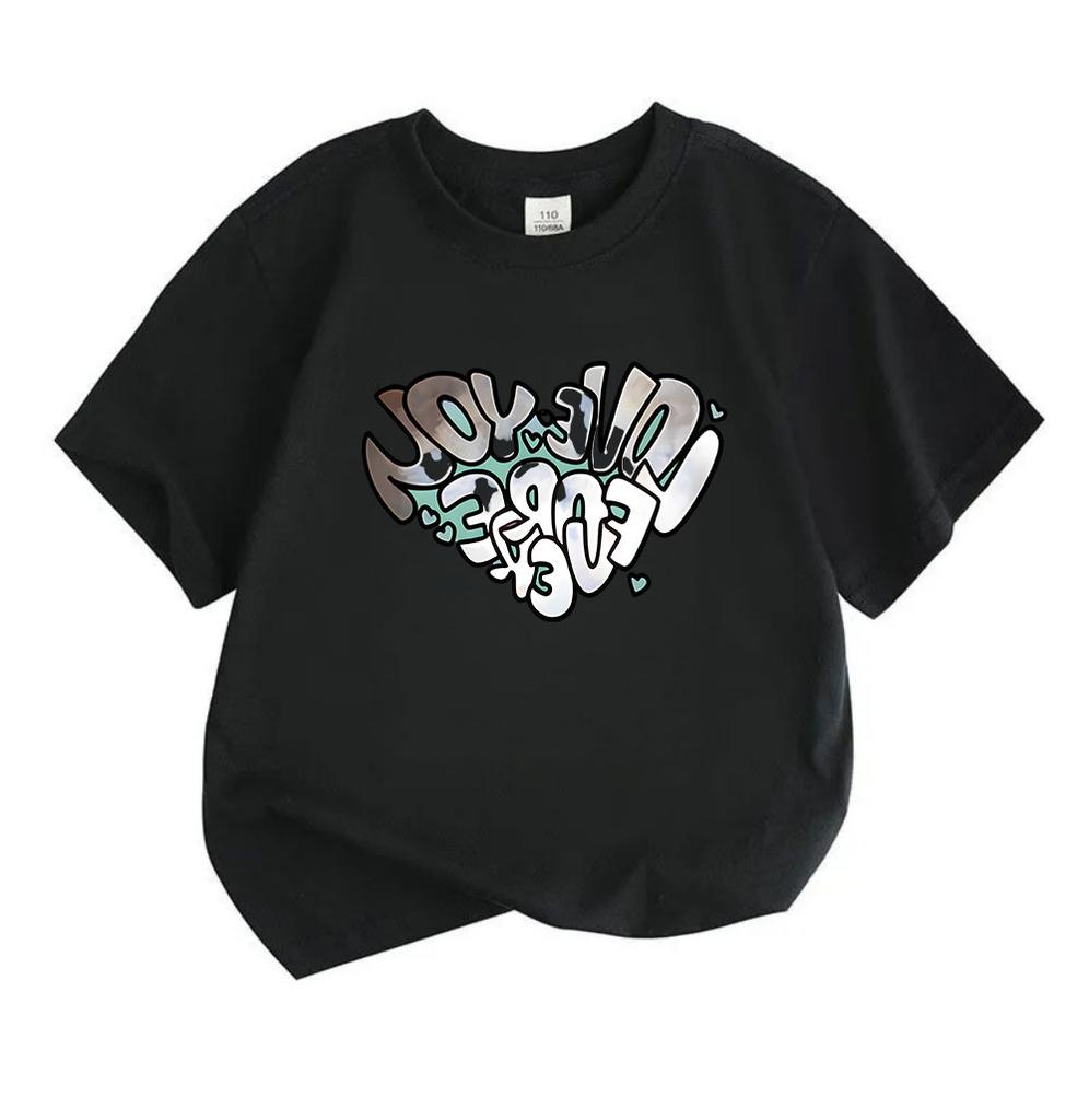 Kids Boys Girls 100% Cotton Crew Neck Short Sleeve T-Shirt, Trendy Graffiti I Love You Forever Print Casual Soft Tee for Daily Wear Summer Tops