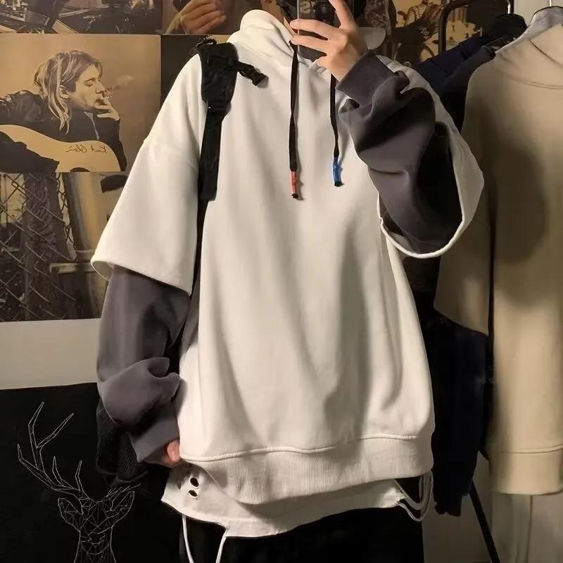 Men's Fall/Winter Fleece-Lined Hooded Sweatshirt with Patchwork Details—Loose-Fit American-Style Top
