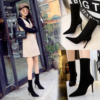 European and American Style Fashionable Simple Pedicure Women's Boots Thin Heel High Heel Suede Pointed Sexy Nightclub Thin Short Boots