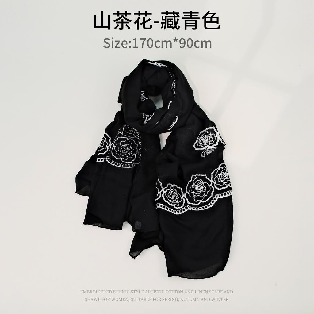 Women S Camellia Embroidered Scarf Polyester Shawl For Travel Sun Protection