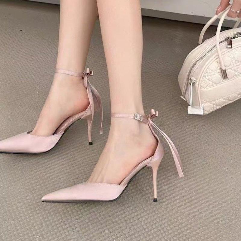 Fashion Spring and Summer New Pointed Toe Satin Heels Bow One Strap Women's Shallow Mouth Non-Slip Bag and Heel Sandals