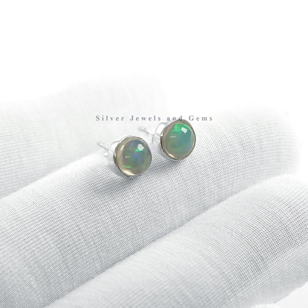 Natural Ethiopian Opal Stud Earrings, 925 Sterling Silver Tiny Studs (6MM)