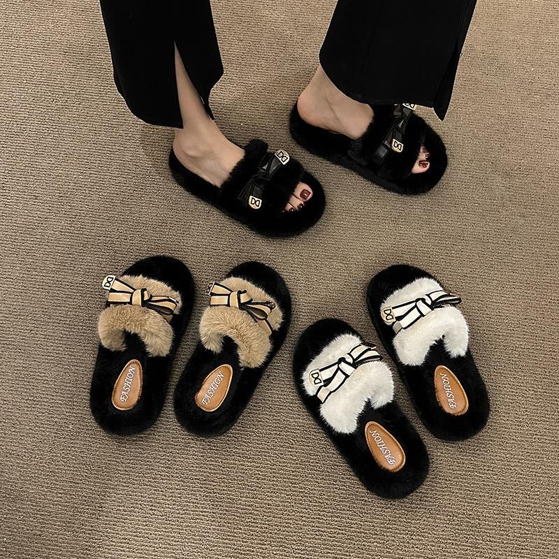Mode Mode Schleifendesign Lässige Dicke Sohle Haarige Hausschuhe für Damen 2025 Herbst Offene Zehen Bequem Vielseitig Klobige Plüsch-Schleppschuhe