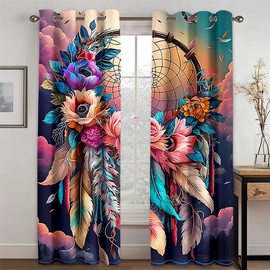 2pcs Brilliant Red Rose Flower Retro Style Curtains Window Treatment for Bedroom Office Kitchen Living Room Study Home Decor