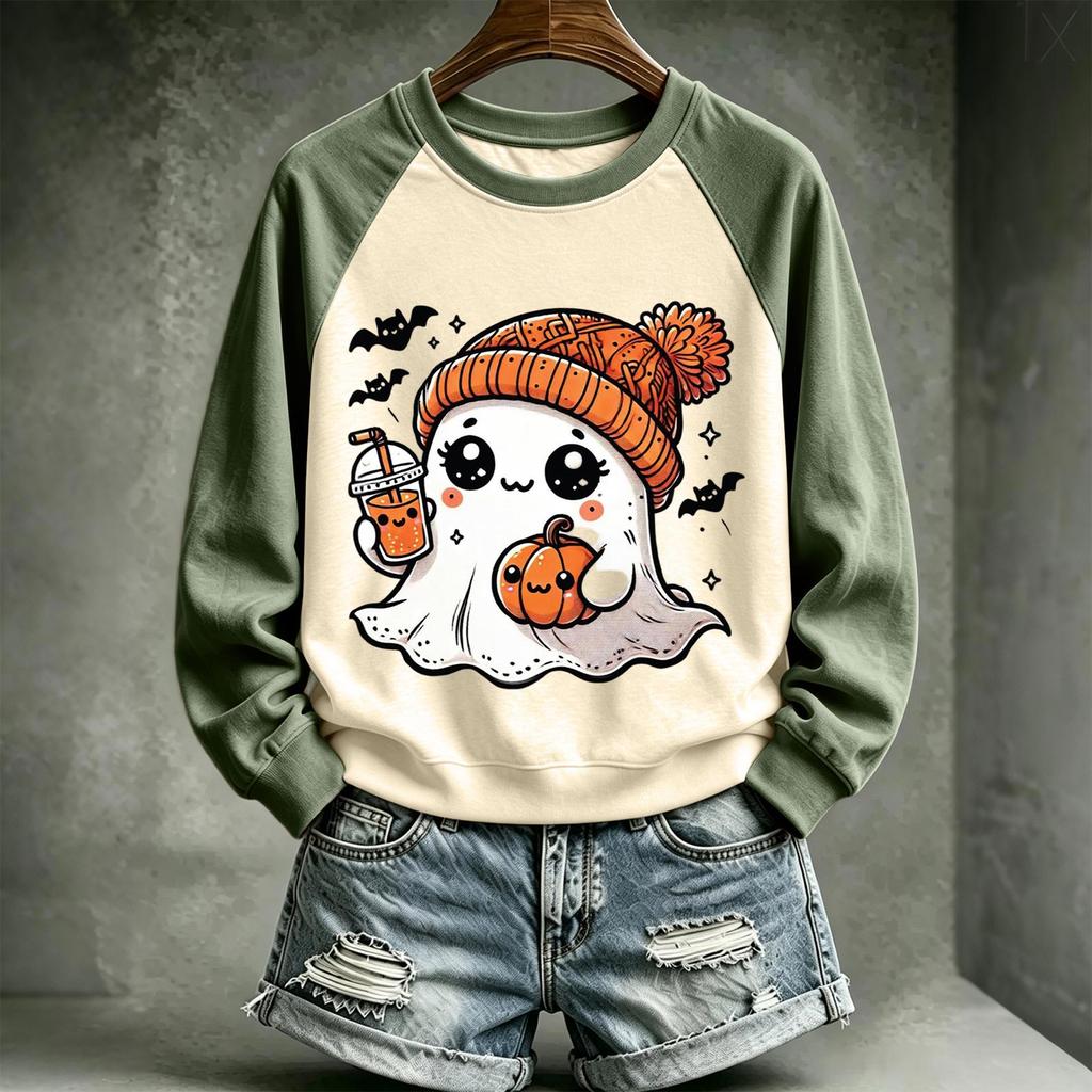 Women's Halloween Printed Neck Pullover Sweatshirt with Cute Design for Holiday