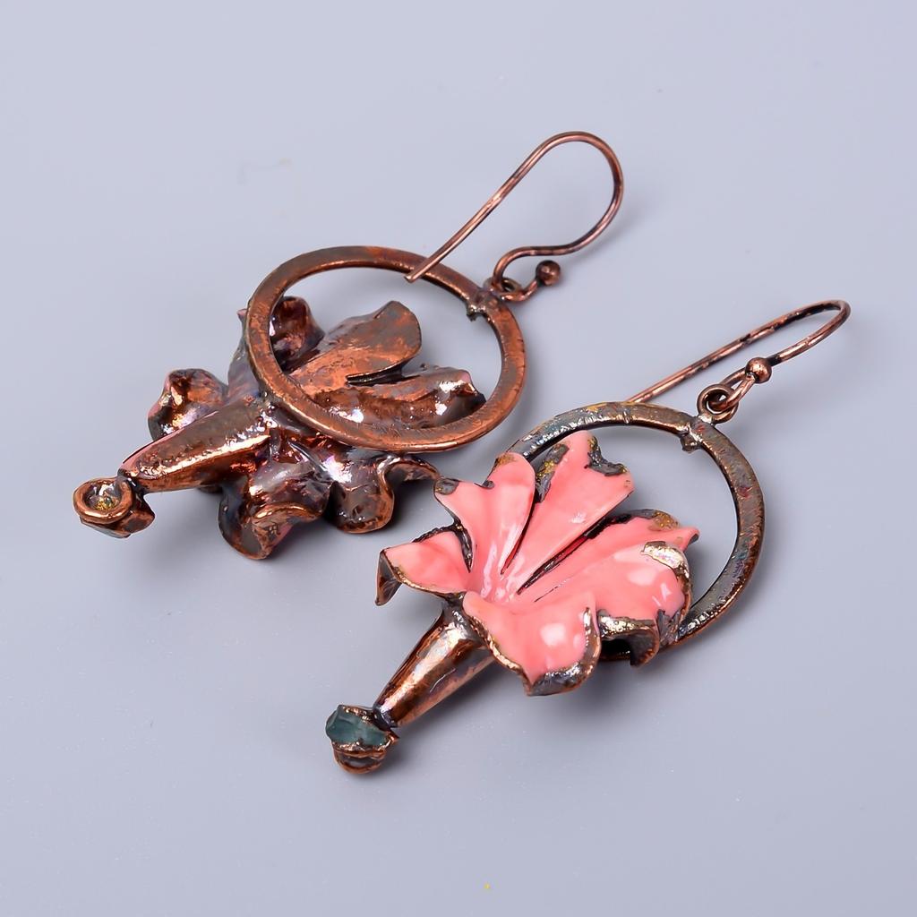 Opal Stone Dangling October Electroformed Hook Anniversary Gift Earrings Copper V-69