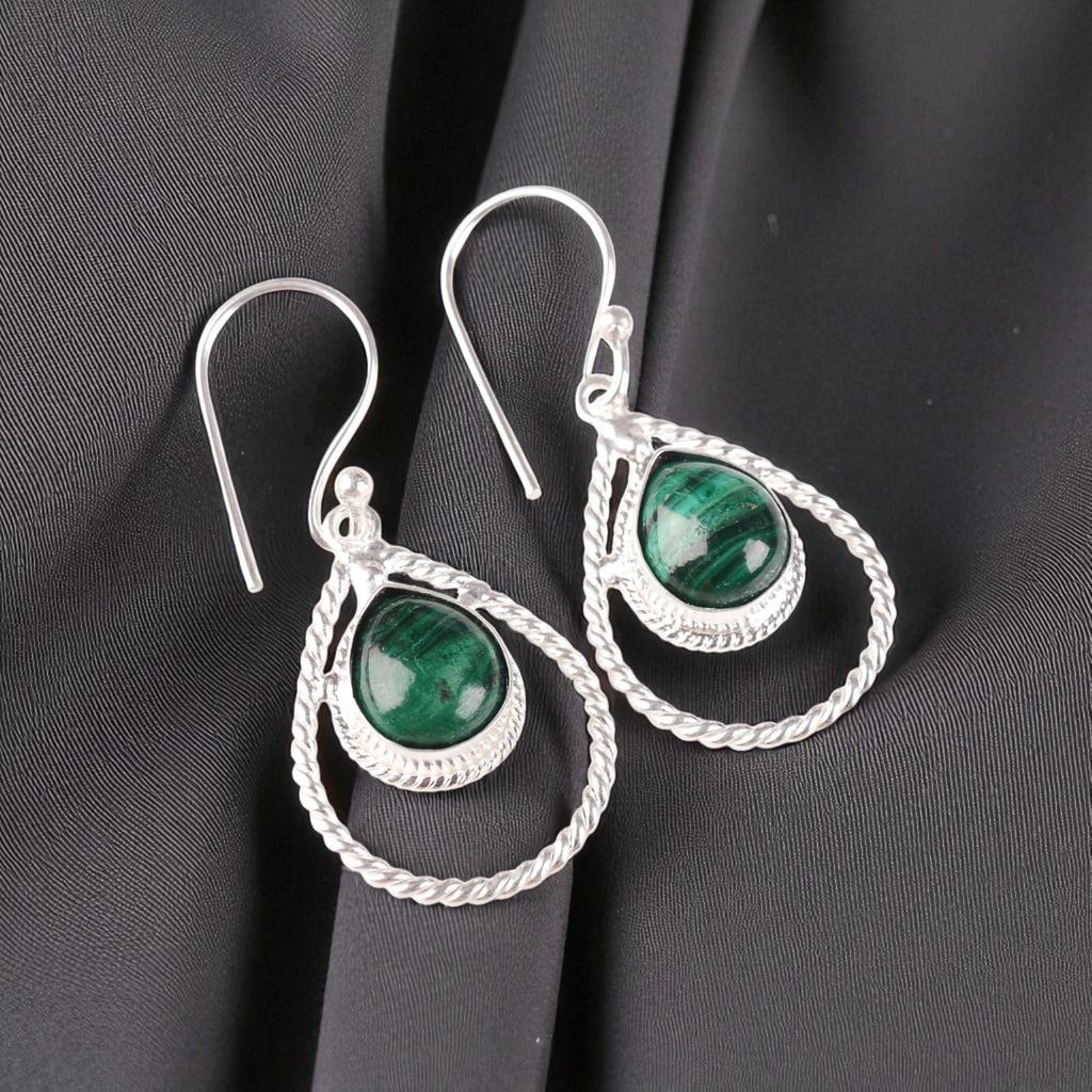 Natural Malachite Gemstone 925 Sterling Silver Jewelry Handmade Earrings 1.70" EE-96-27