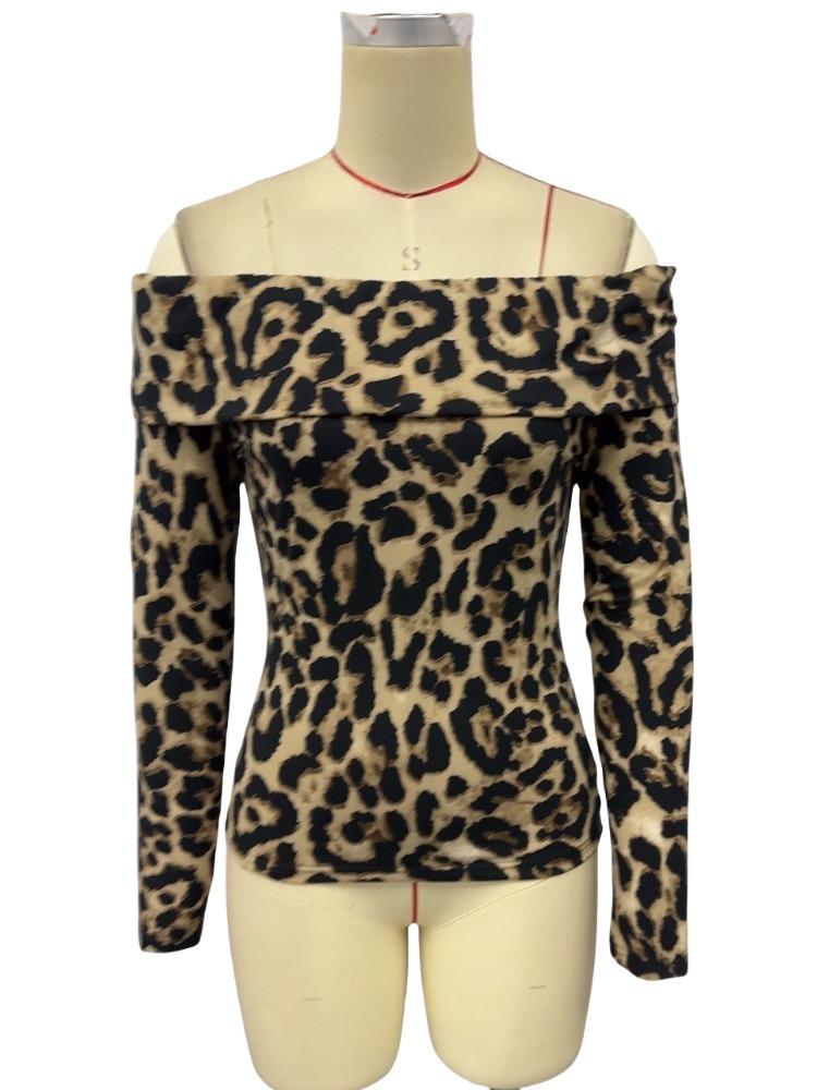 Spring Women Sexy Leopard Printing Strapless Long Sleeve T Shirt Tops Women Versatile Closet Essential Fashion Items Shirt
