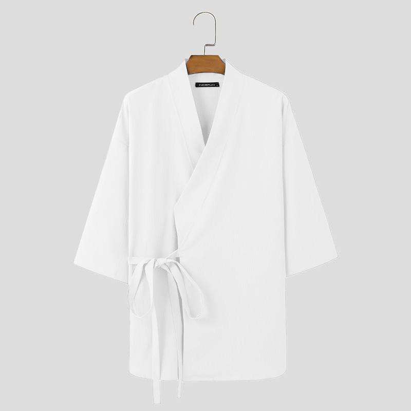 INCERUN Hauts à manches 3/4 pour hommes, chemises kimono amples et décontractées à lacets sur le devant