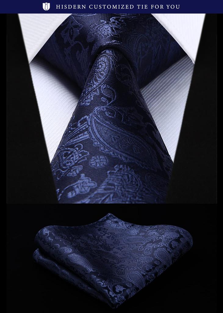 [HISDERN] Business-Krawatte und Einstecktuch Set für Herren, Marineblaues Paisleymuster, Stilvolle Krawatte für Hochzeiten, Vorstellungsgespräche, Aufnahmefeiern, Abschlussfeiern