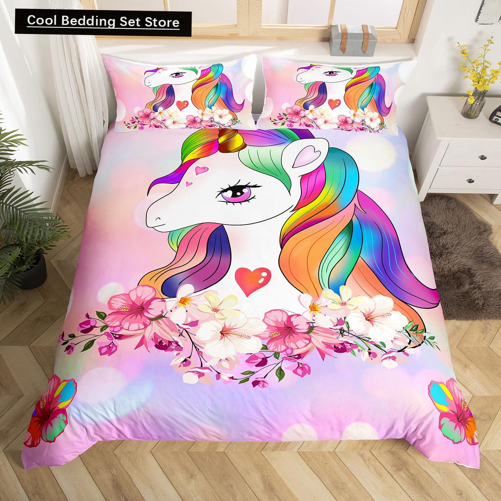 Kids Unicorn Stars King Queen Duvet Cover Cartoon Magic Animal Bedding Set Rainbow Shiny Quilt Cover Polyester Comforter Cover