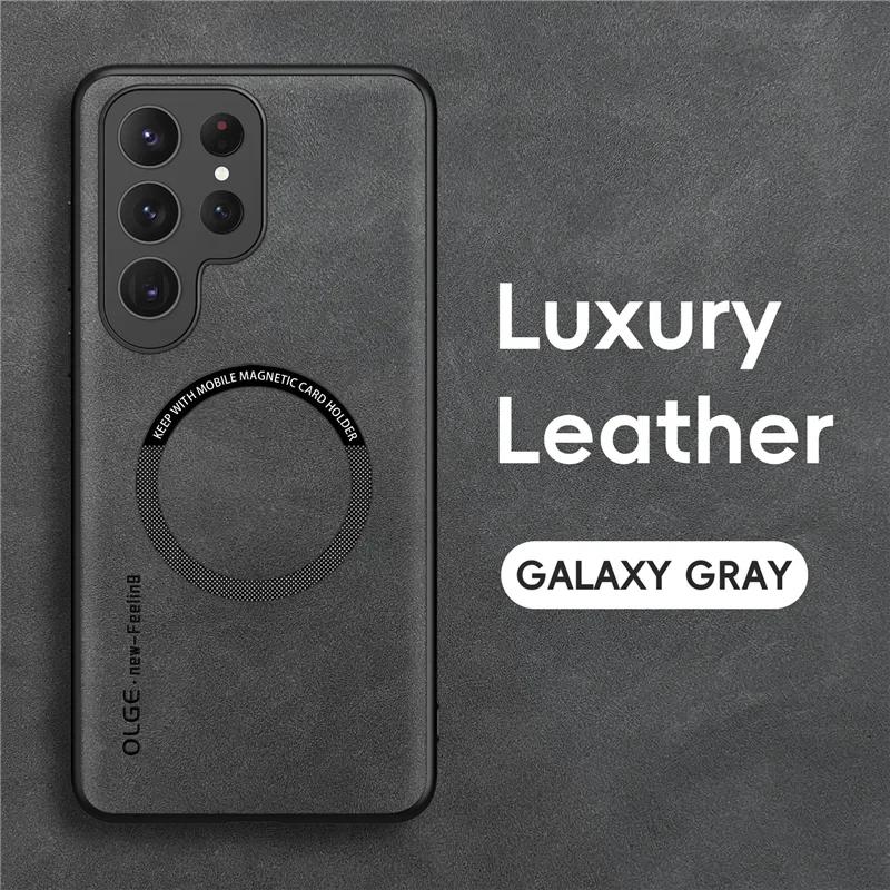 

Luxury Leather Magnetic Phone Case For Samsung S25 S24 S23 S26 Ultra Plus S24FE S23FE S25DEGE For Magsefa Wireless Charger Cover Galaxy S23+ сірий колір