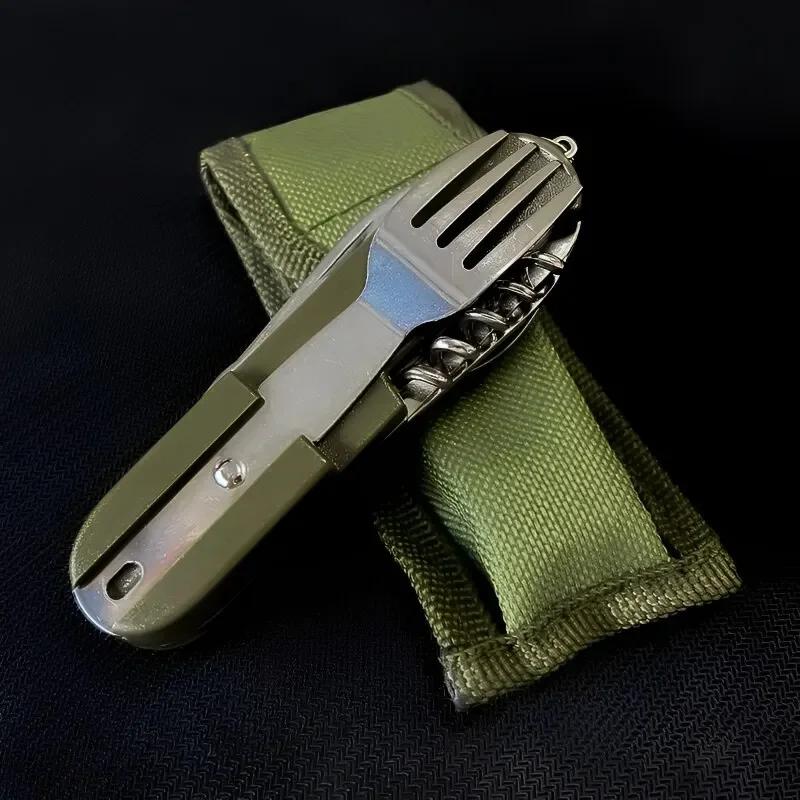 

Stainless Steel 7 in 1 Camping Cutlery Set - Foldable Multifunctional Outdoor Tableware with Fork Spoon Knife for Picnic Hiking зелений
