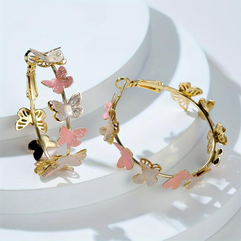 Women's Fashion Earrings Hollow Multilayer Butterfly Design Light Luxury Hoop Earrings Pink White Alloy Electroplated Elegant Party Jewelry Gift