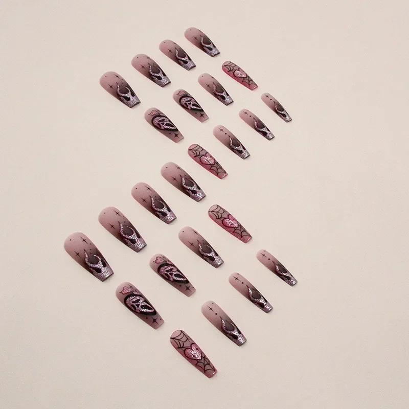 24pcs Glitter Pink Sequins Fake Nails 2025 Halloween Scary Skull Love Print False Nails Wearable European Ballet Press on Nails