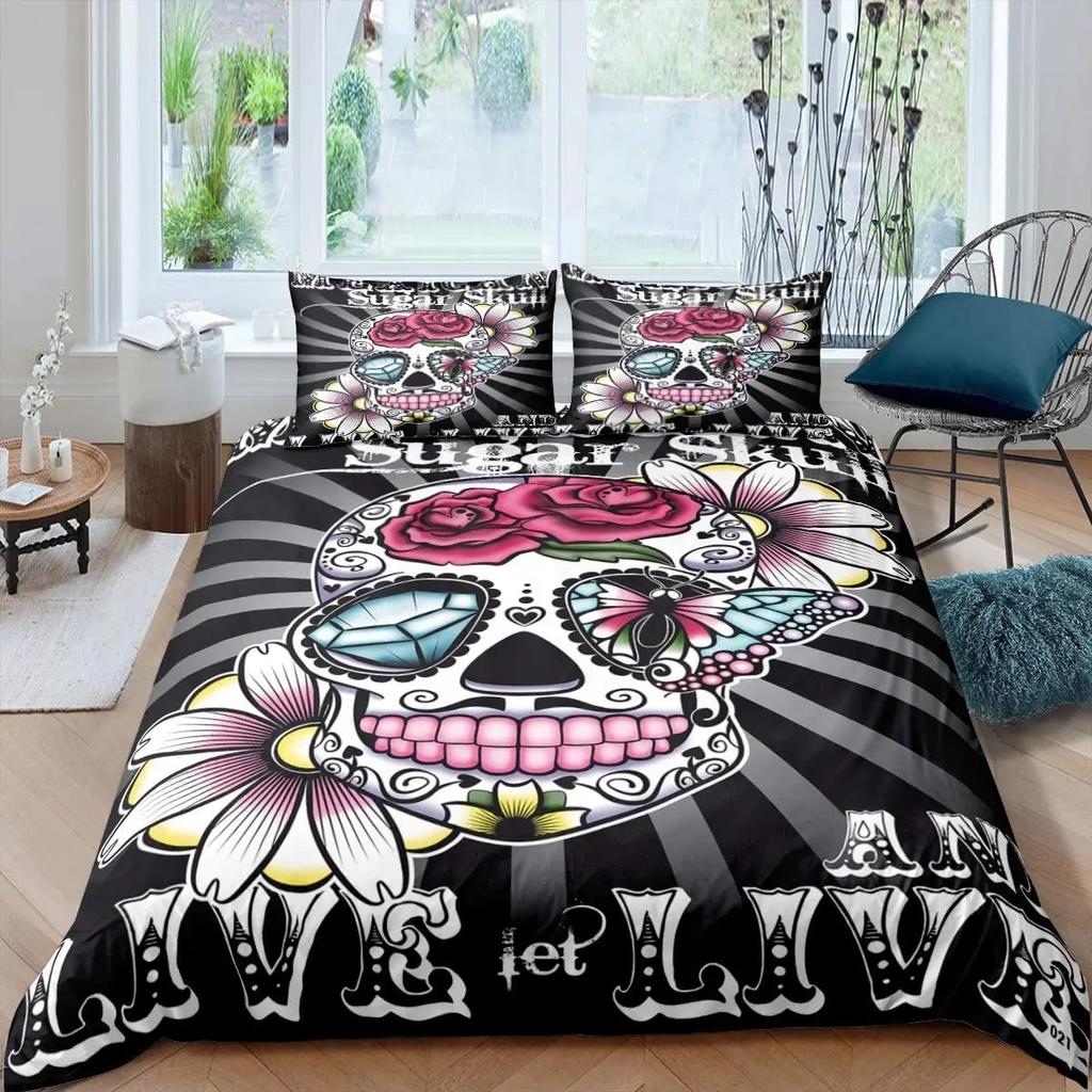 Sugar Skull Comforter Cover Set Teen Girl Bedding Set,Sugar Skull Decor Bedding Skull Roses Floral Print Duvet Cover Set
