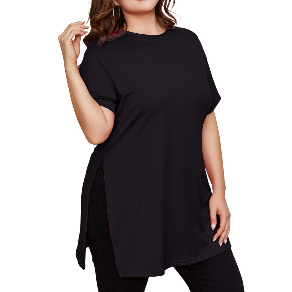 Women's Plus Size Slit Long T,shirt Round Neck Casual Loose Short Sleeved Top