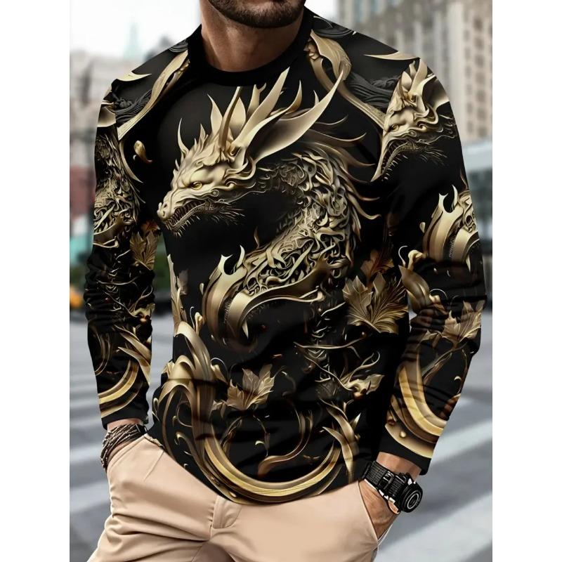 Round Neck 3D Dragon Print T-shirts Casual Short Sleeved Men's T-shirts - Soft Medium Stretch Polyester Fabric Spring and Autumn Relaxed Fit Clothing