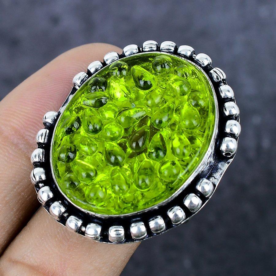 Natural Moldavite Quartz Gemstone 925 Sterling Silver Jewelry Ring Size 10 V2R22