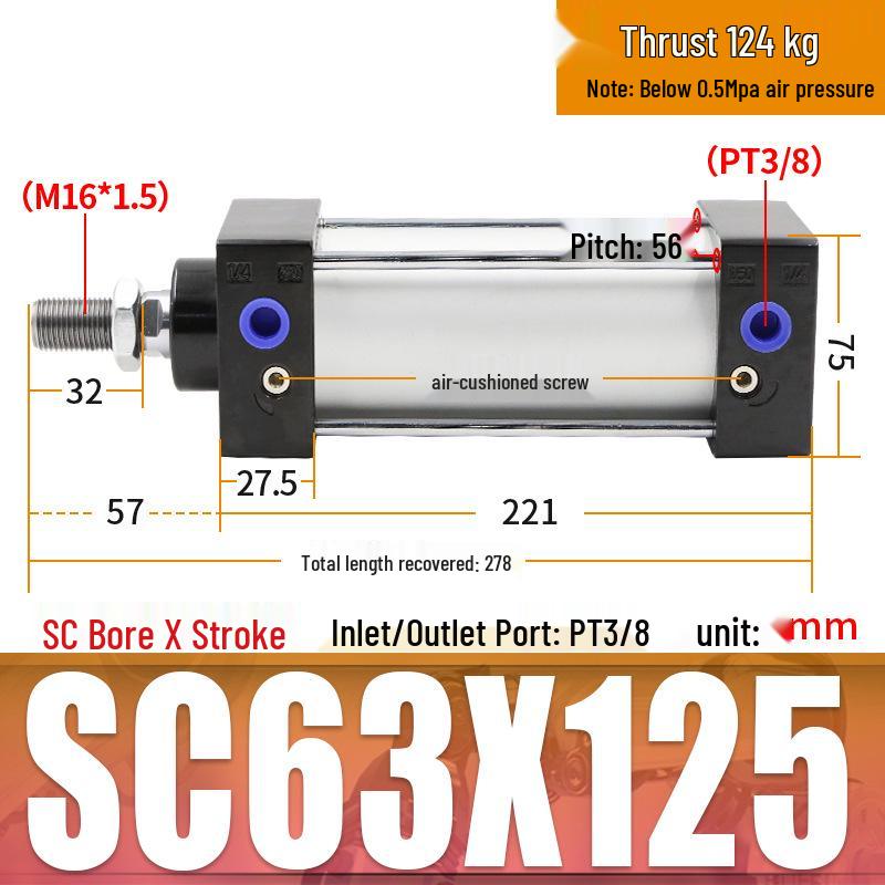 SC63 High Thrust Small Pneumatic Cylinder, Model SC40/50/80/100*125X150X200X500-S